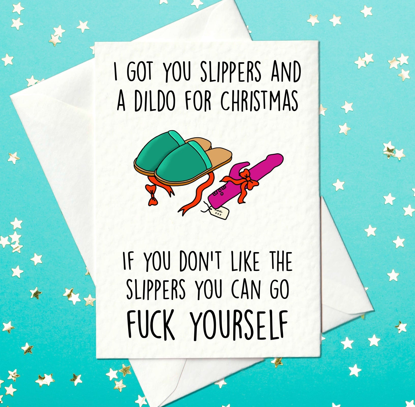 Rude Christmas card - slippers and a dildo